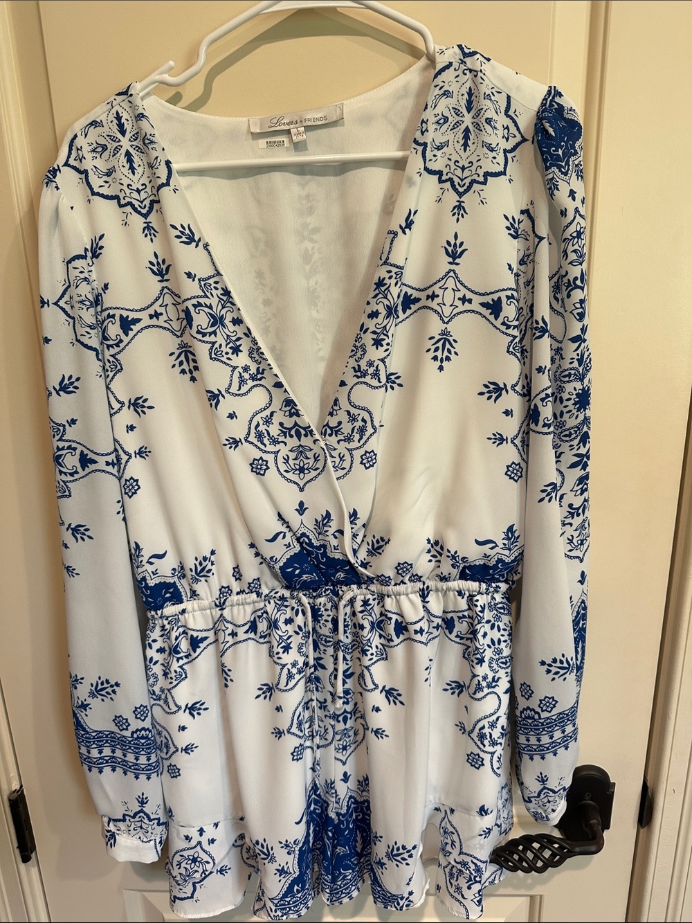 Lovers & Friends White and Blue Printed V-Neck Long-Sleeve Romper
